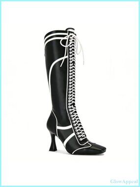 Lace Up High Heel Knee High Boots Peep Toe PU Zipper